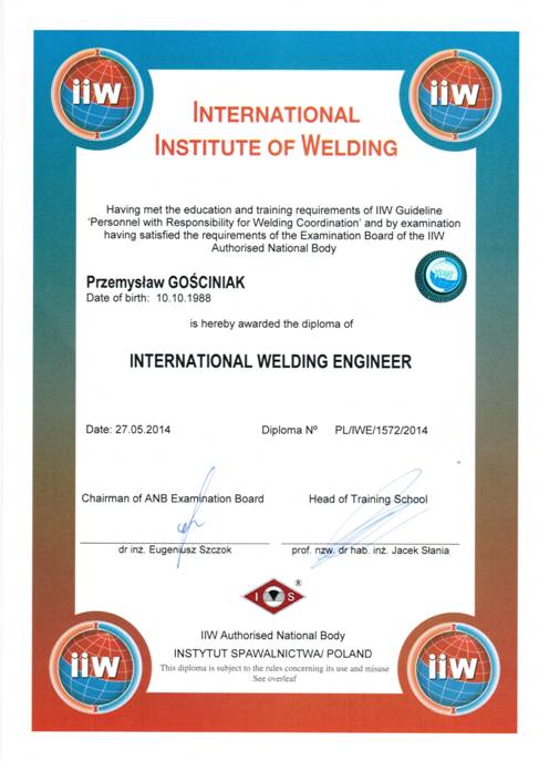 Dyplom Międzynarodowego Inżyniera Spawalnika