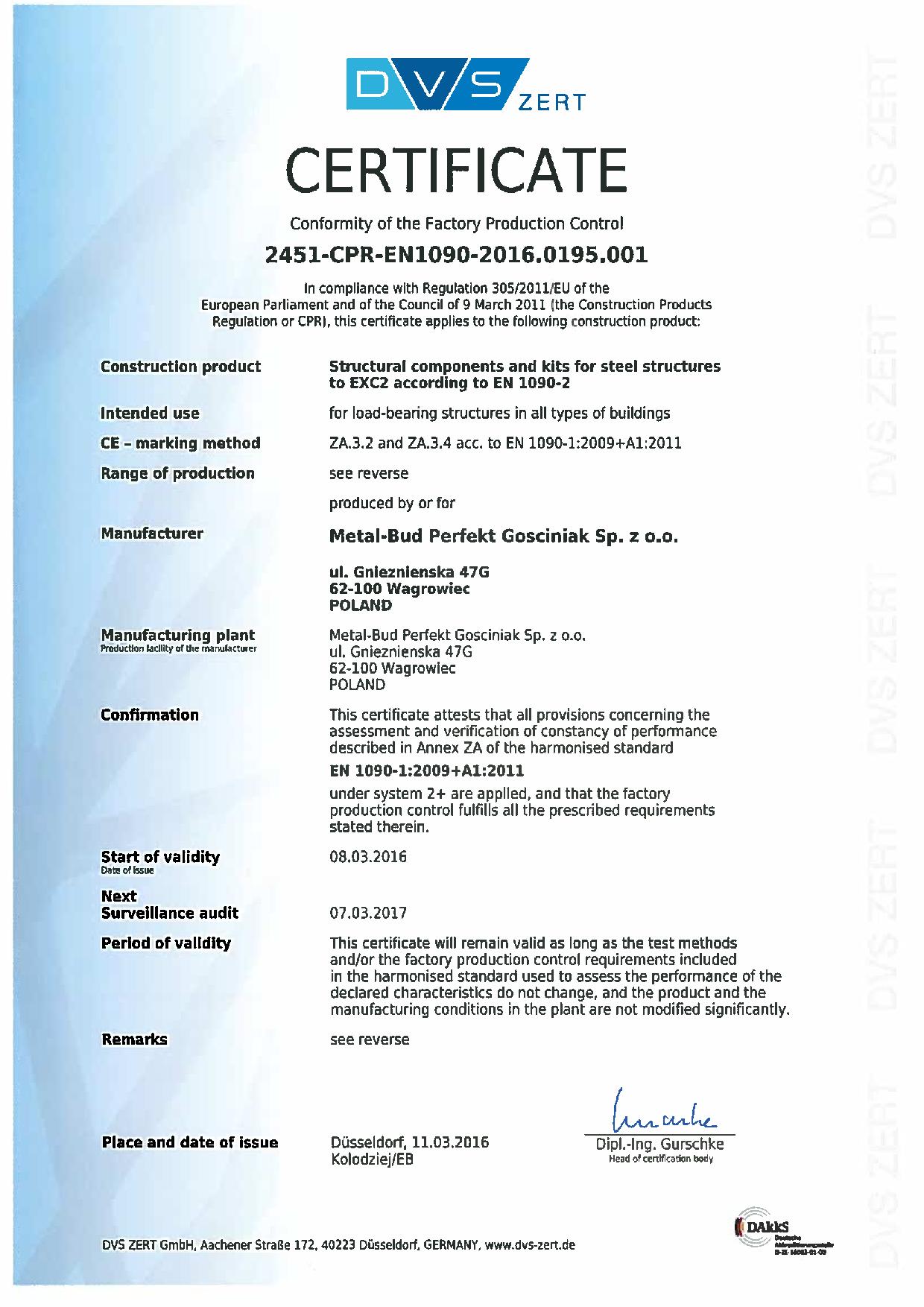 Certyfikat Zakładowej Kontroli Produkcji EN 1090
